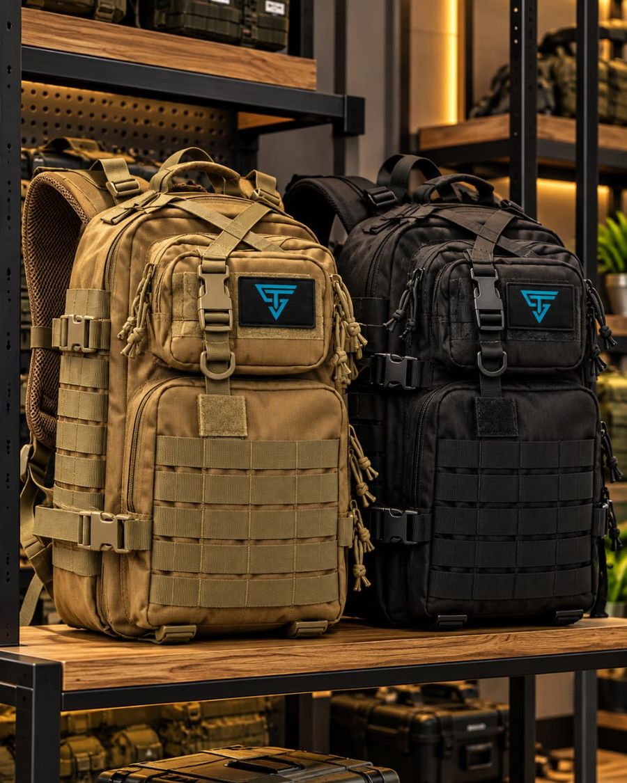 Coyote and black tactical backpacks with MOLLE webbing