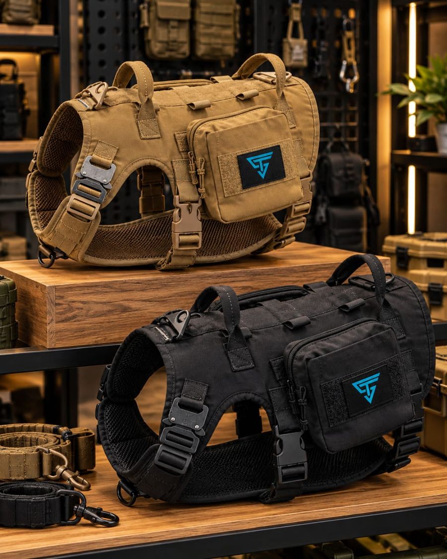 Tactical dog harnesses in coyote and black