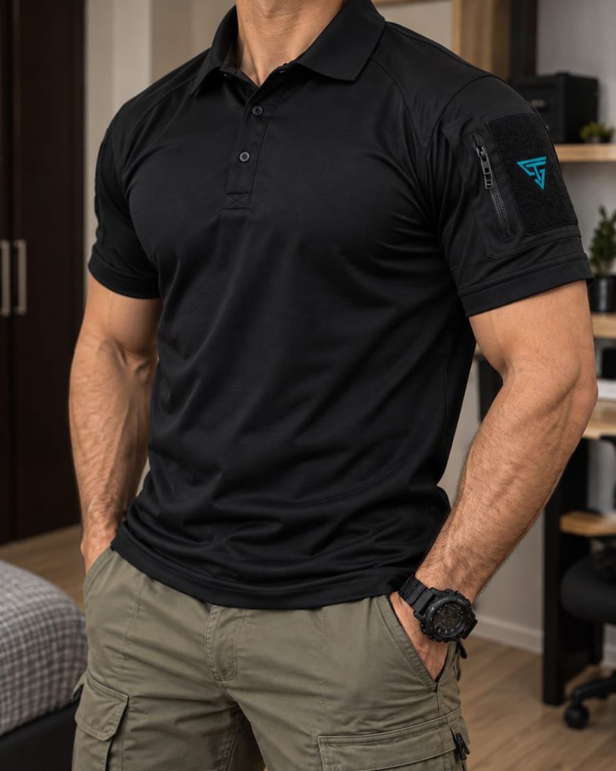 Black tactical polo with sleeve pocket and Supra Tactical patch