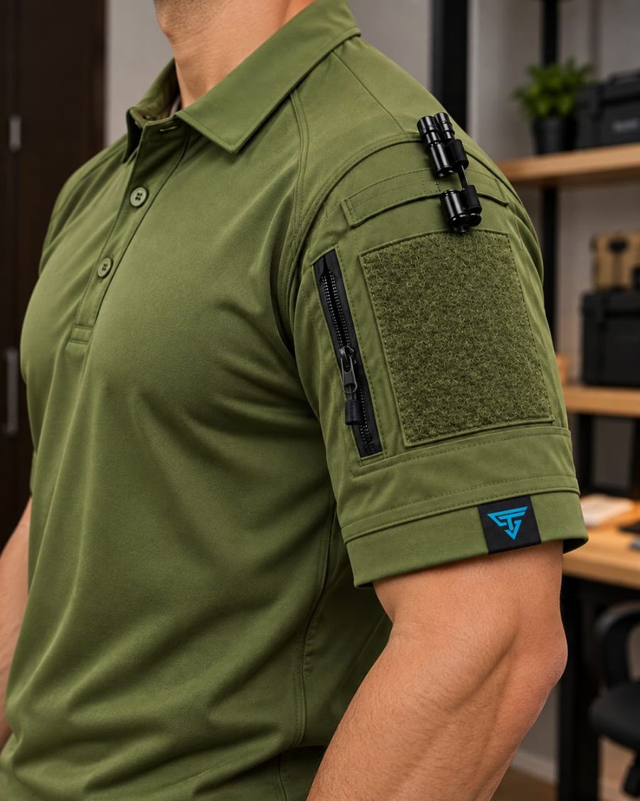 Sleeve with hook and loop patch panel, zip pocket and pen slot